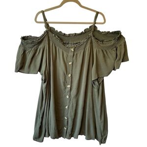 Torrid cold shoulder blouse 5X Olive green NWT Button front Smocked Womens top